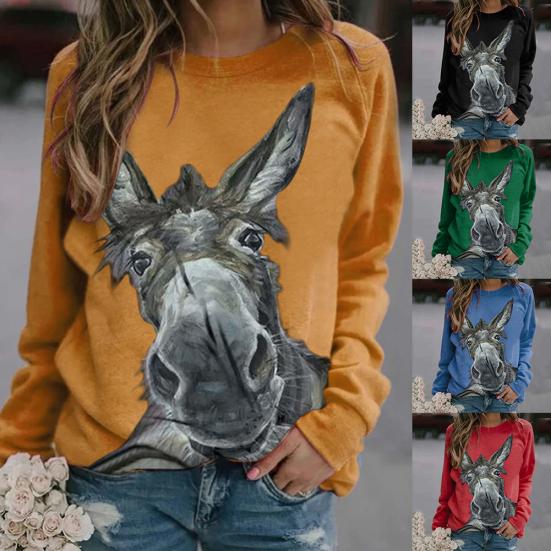 Damen Langarm Pullover Bluse Esel Print Lose Sweatshirt