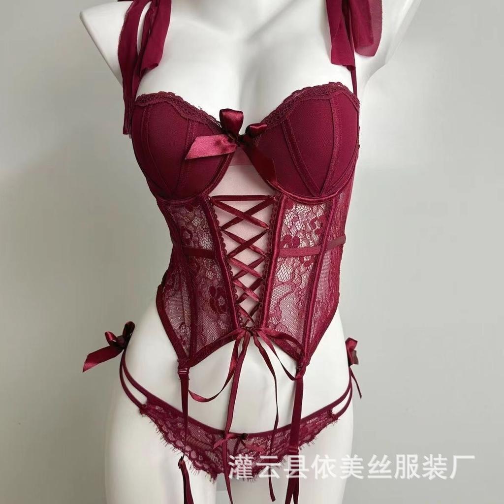 Sexy Sexy Steel Rim Chest Pad Gathering Perspective Top Lace Low Waist Panties Pure Desire Uniform Set