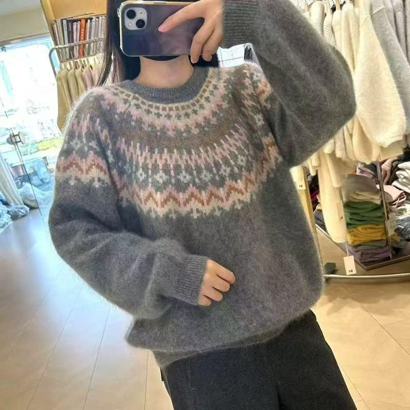Women's Fair Isle Jacquard Brushed Knit Sweater with Half-High Round Neck, Cashmere-Wool Blend, Ideal for Layering