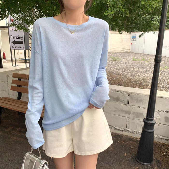 

Женская летняя футболка с длинным рукавом и круглым вырезом в корейском стиле - Мягкий, универсальный и легкий солнцезащитный топ 2025 L