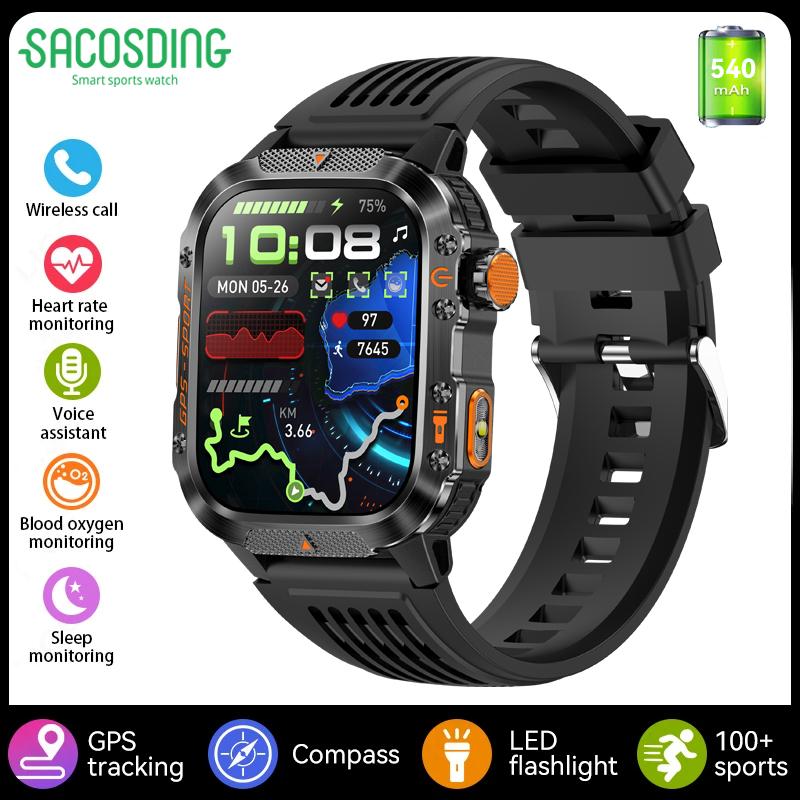 SACOSDING GPS Outdoor Sports Compass BlueTooth Call Smart Watch Waterproof Flashlight Heart Rate Health Smartwatch Information Reminder