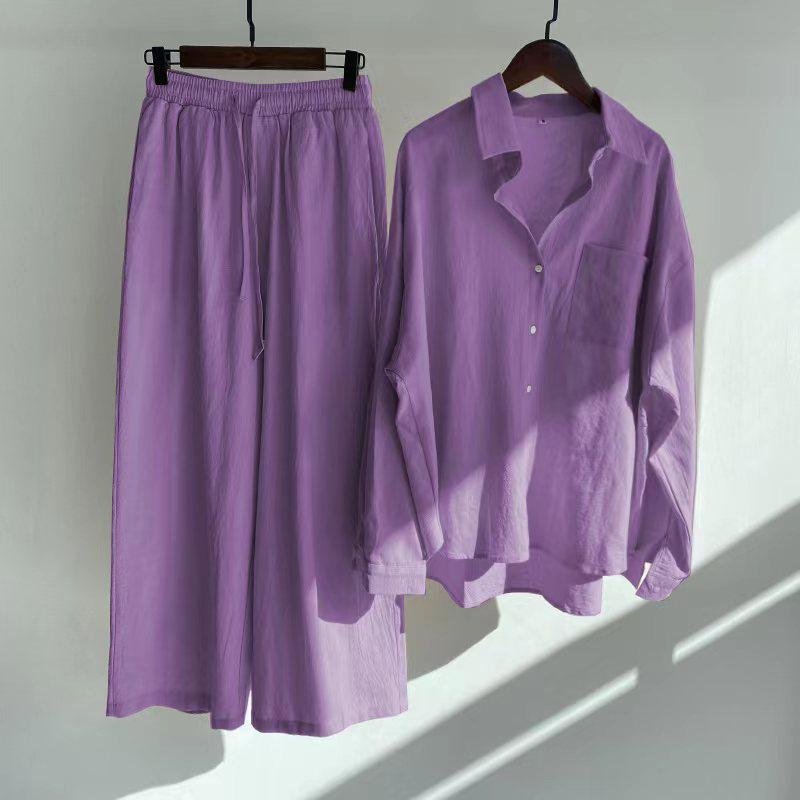 Women's Retro Plus Size Cotton Linen 2-Piece Set: High Waist Shirt & Wide Leg Pants