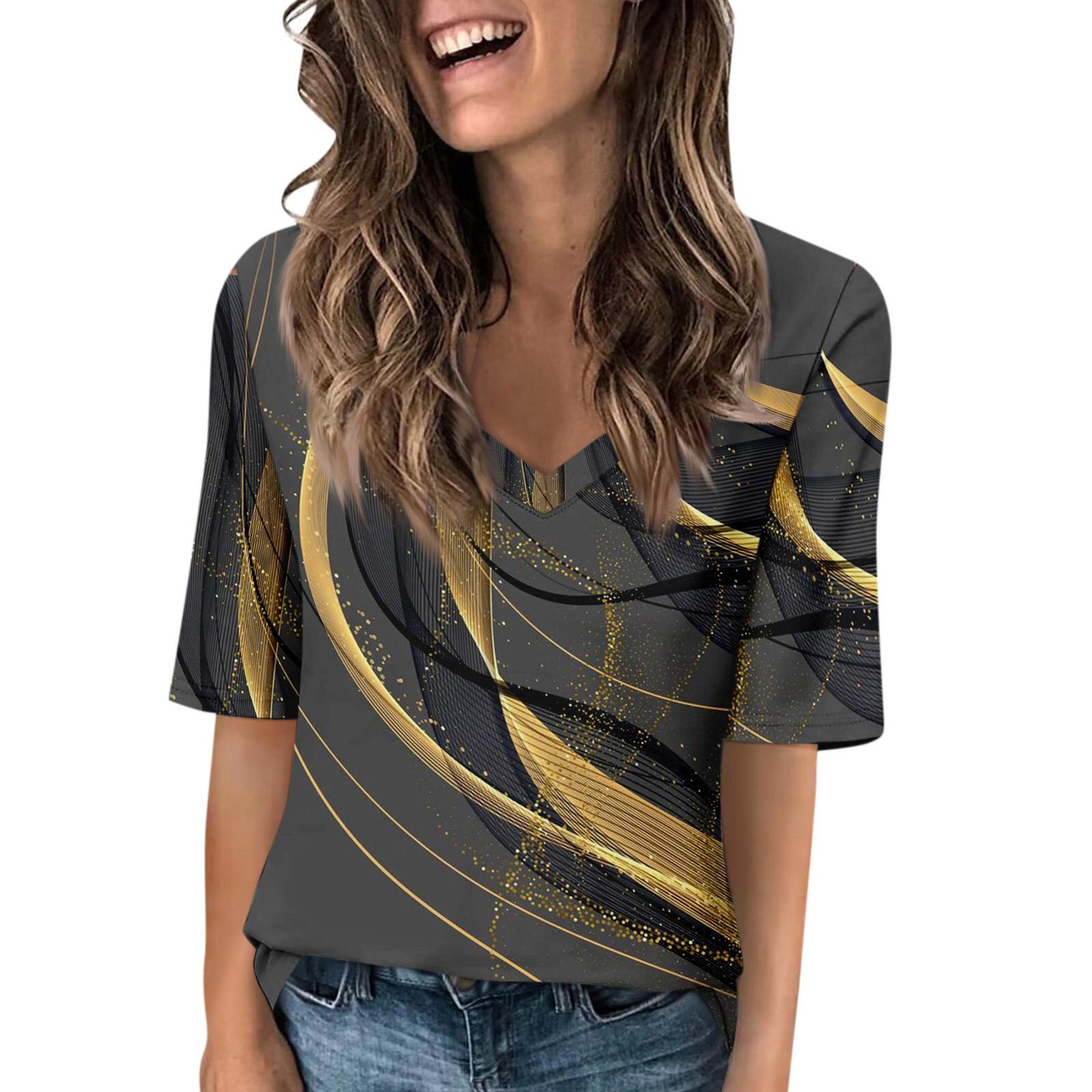 

Женские футболки с V-образным вырезом, топы с половиной рукавов, повседневные летние футболки с принтом, футболка, блузка L чёрный