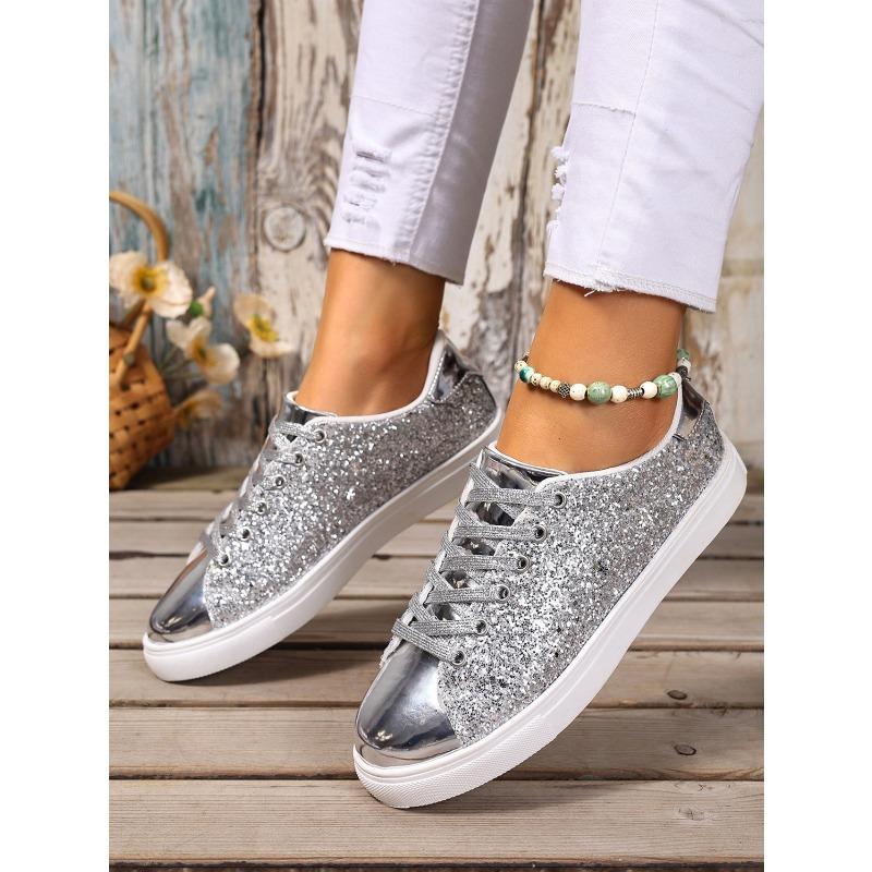 2025 Summer New Arrival Plus Size Sequined Front Lace-Up Solid Color Oversized Sneakers