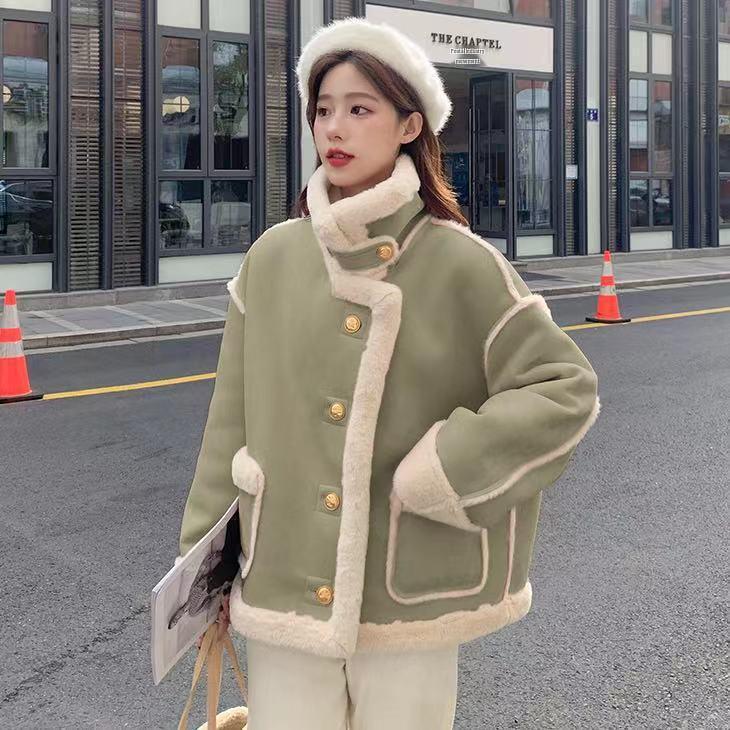 Women's 2025 Autumn Korean Style Lambswool Biker Jacket - Faux Suede, Fleece-lined, Thickened, Loose Fit