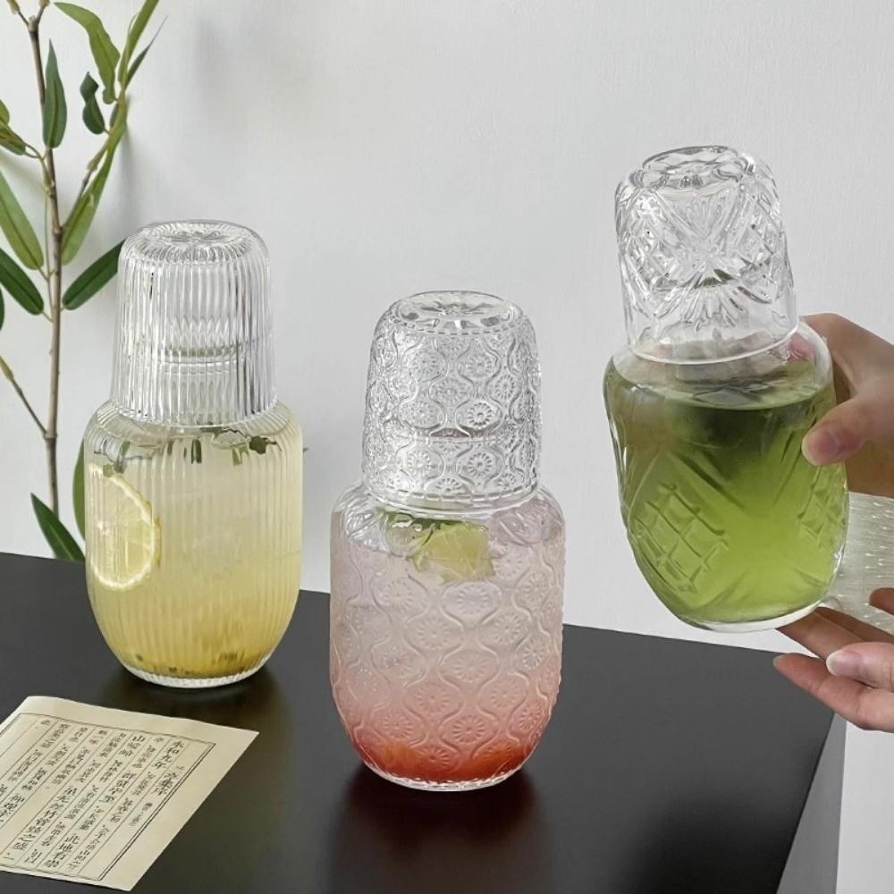 Retro Transparent Glass Water Bottle Embossed Pattern Large Capacity Glass Cups with Cup Cold Water Kettle Coffee Drinking