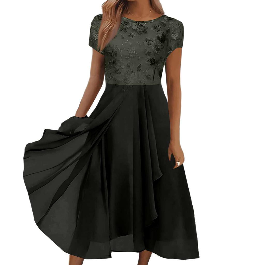 Women Chiffon Lace Patchwork Short Sleeve Maxi Dress Elegant Bridesmaid Evening Gown Flowy A Line Long Skirt for Formal Events