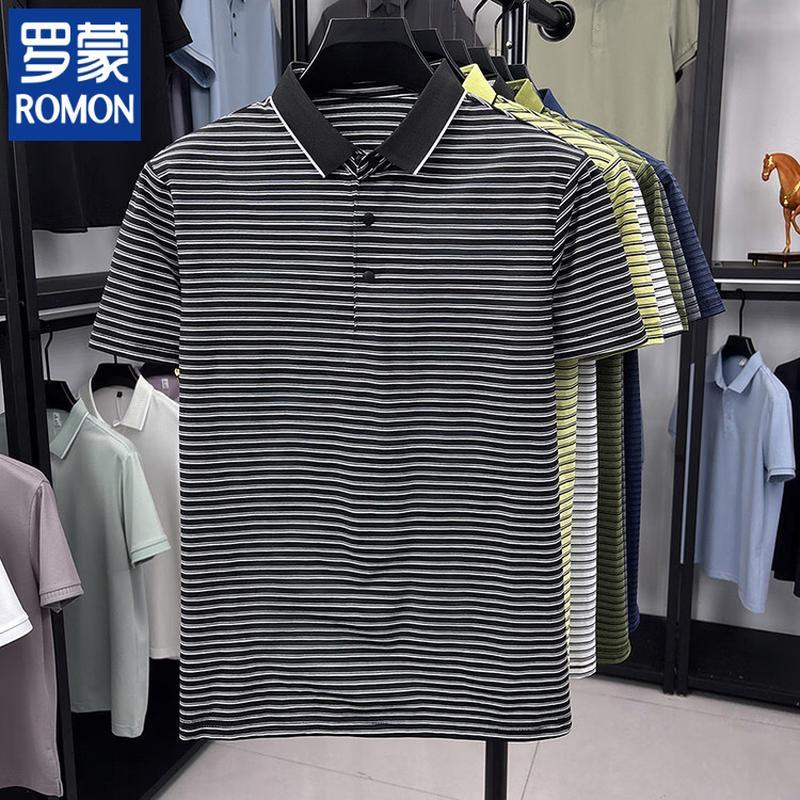 ROMON Men s Striped Lapel Polo Shirt L
