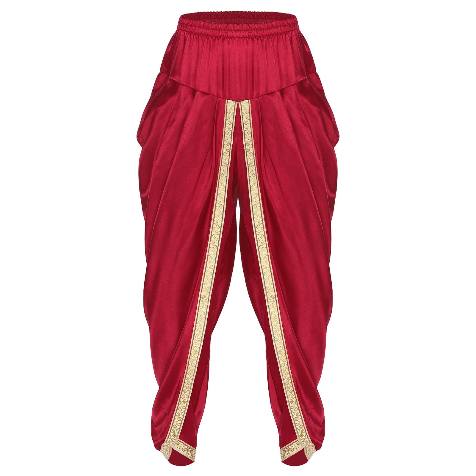 

Mens Traditional Dhoti Pants Satin Fabric Elastic Waistband Draped Style Baggy Trousers Cultural Costume S бордовий