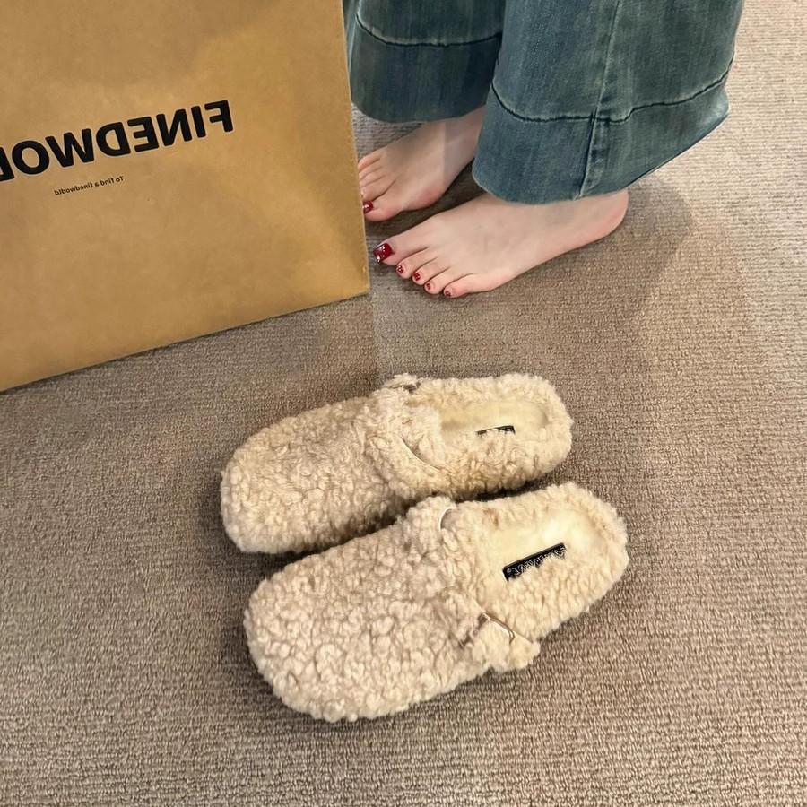 Leopard print lamb wool shoes slippers women's shoes wear autumn and winter Korean version velvet warm bag head half support shoes single shoes