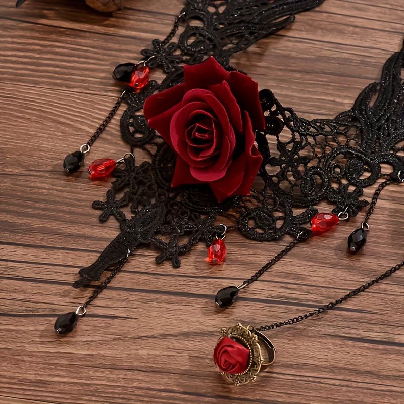 [No Plating Red Roses Jewelry] Women's Dark Punk Style Lace Flower Necklace, Gothic Vintage Choker with Red Roses, All-Season, for Daily & Party Wear