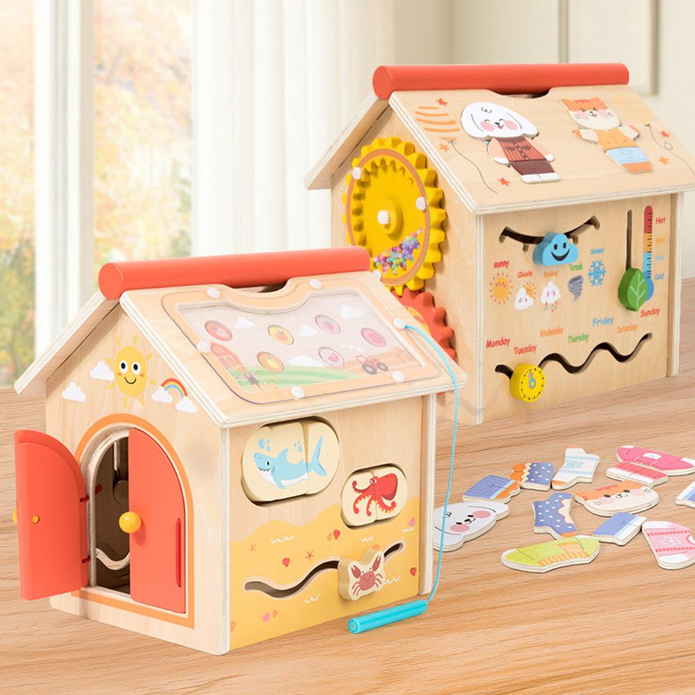 Wooden Busy House Interactive Playhouse Multifunctional Activity House Fine Motor Training Early Education Toys Gifts For Kids