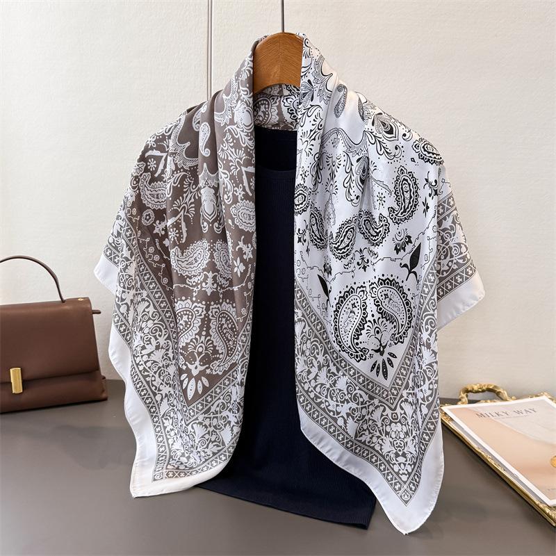New Spring and Autumn Satin Simulation Silk Large Square Scarf Silk Scarf Printed Travel Shawl Scarf Sunscreen Headscarf Ladies Scarf