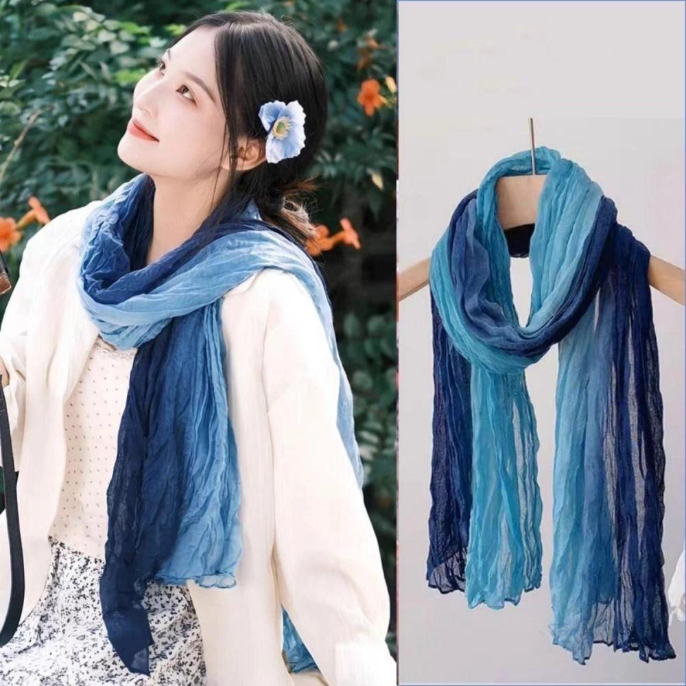 Vintage Gradient Scarf Wasteland Style Lightweight Long Pleated Shawl Breathable Versatile Hijab Scarf for Female Accessory