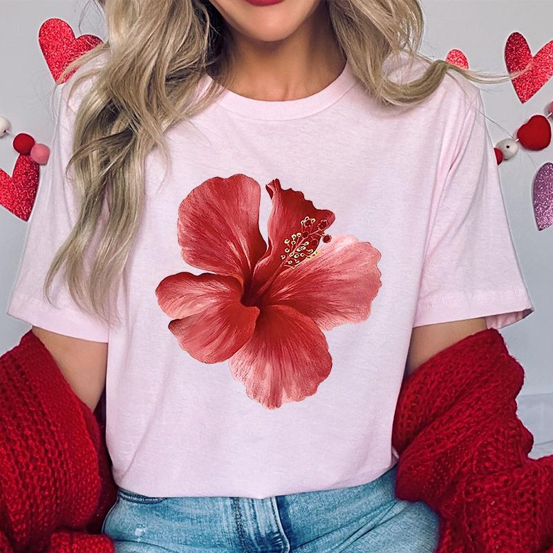 

Женская летняя одежда с 3D-принтом Y2K Розовые футболки с цветком гибискуса Летние модные женские футболки с коротким рукавом Розовые повседневные топы 6XL