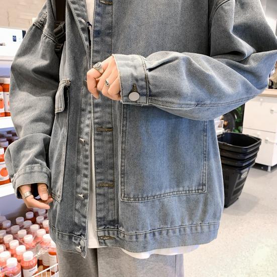 Men Spring Autumn Casual Denim Jacket Lapel Long Sleeve Flap Pockets Single Breasted Coat Solid Color Jacket