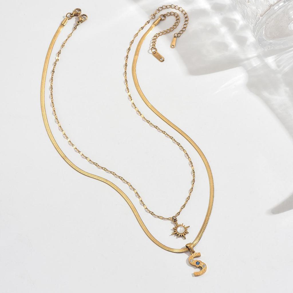18K Gold Plated Double Layer Necklace with Sun Pendant & Diamond-Inlaid Alphabet Charms