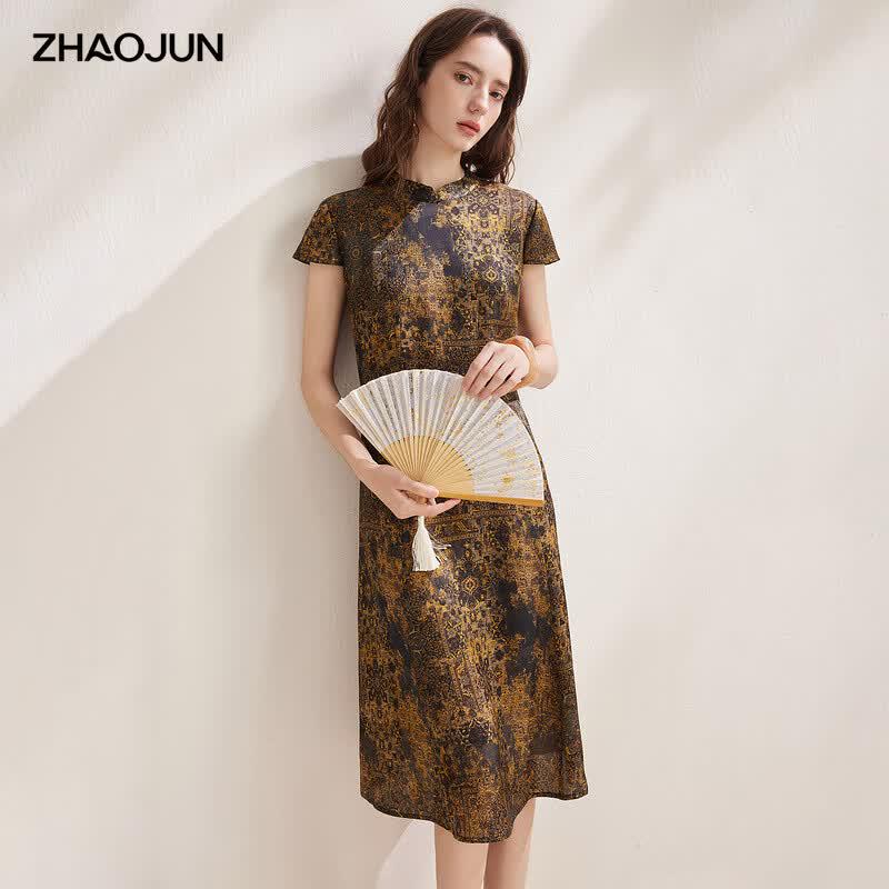 Zhaojun Floral Mulberry Silk Stand Collar Dress XL