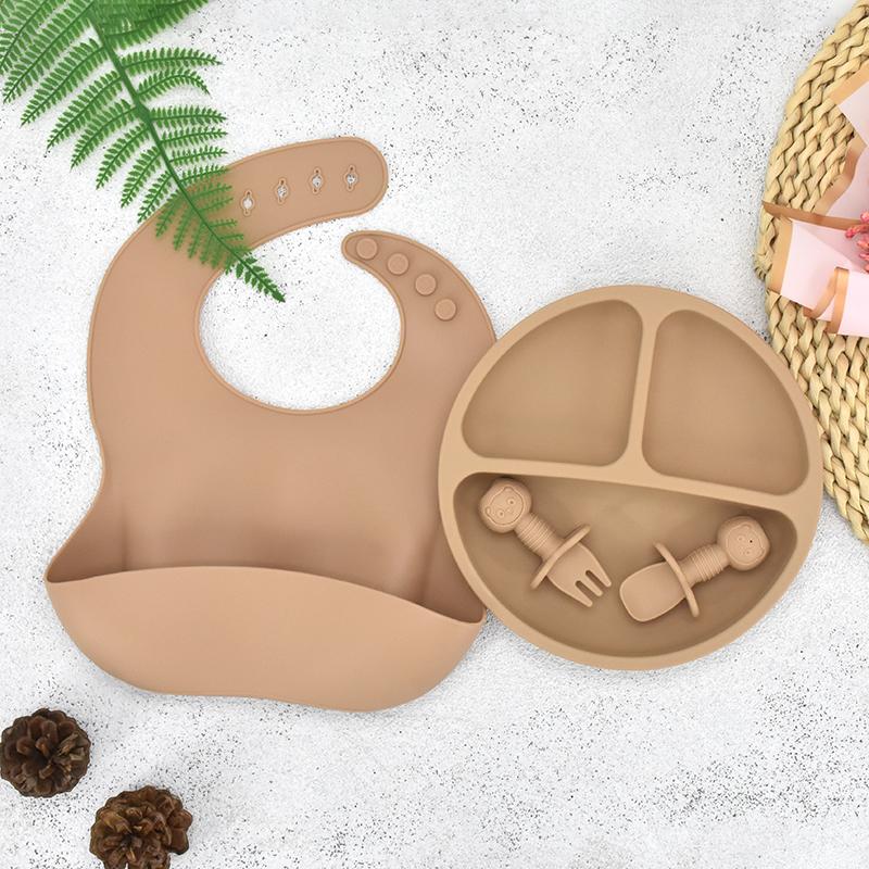 Baby-Fütterungsset aus Silikon, Babygeschirr, BPA-frei, leicht zu reinigen, Kindergeschirr, wasserdicht, Löffel und Lätzchen, Kinder-Trainingsset