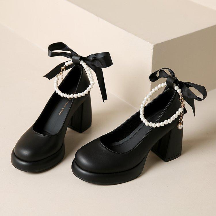 

French Mary Jane women s shoes pearl thick heel temperament single shoes 2025 new spring skirt small high heels 34