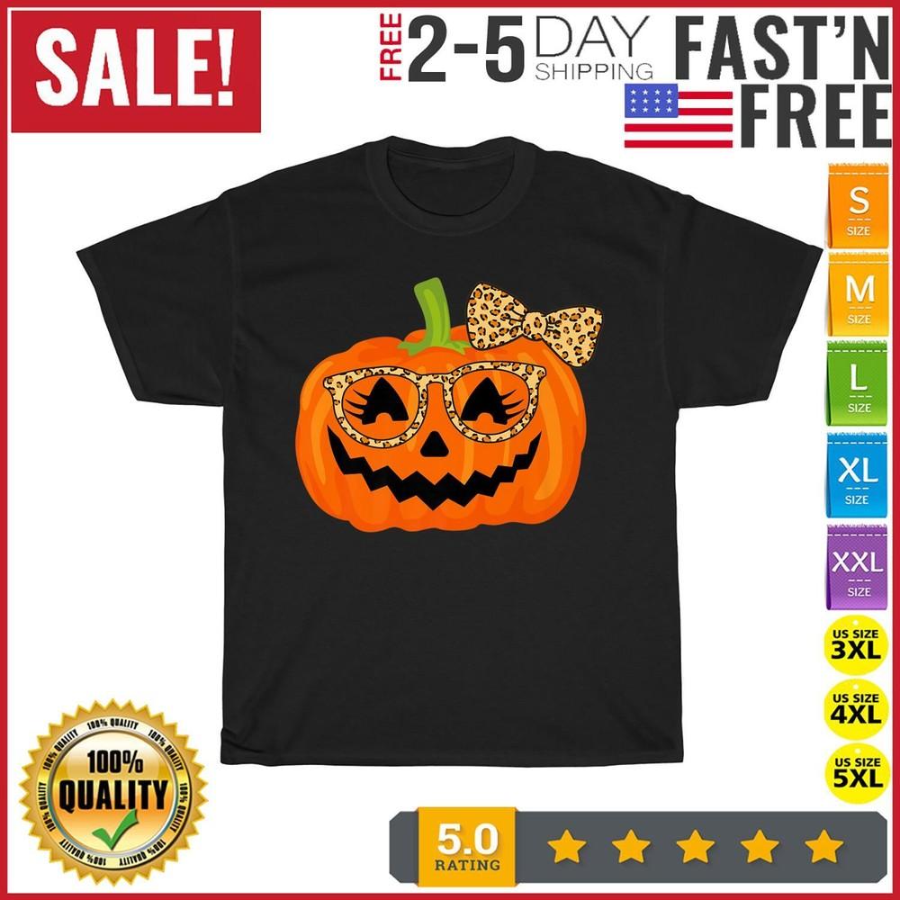 Jack O Lantern Face Pumpkin Halloween Leopard Print Glasses T Shirt Men Women