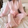 Women's Seersucker Cloud Cotton Pajama Set: Spring/Summer Solid Color Robe & Long Pants Two-Piece Sleepwear.