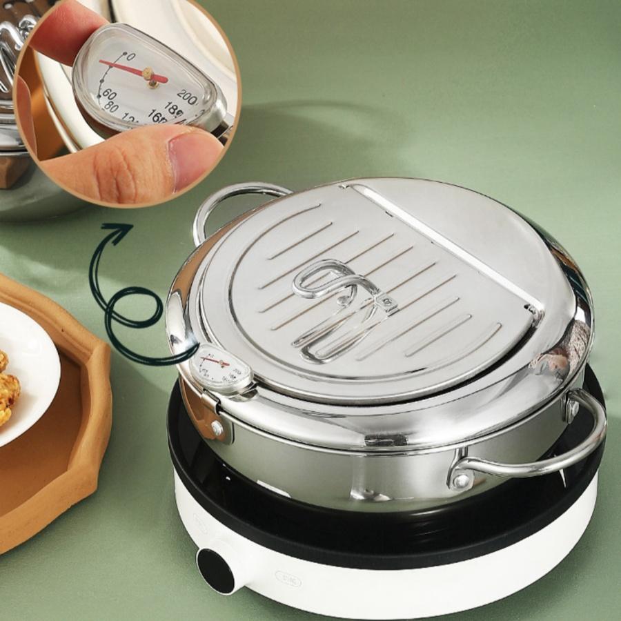 Japanese Deep Frying Pot with a Thermometer and a Lid 304 Stainless Steel Kitchen Tempura Fryer Pan 20 24 Cm