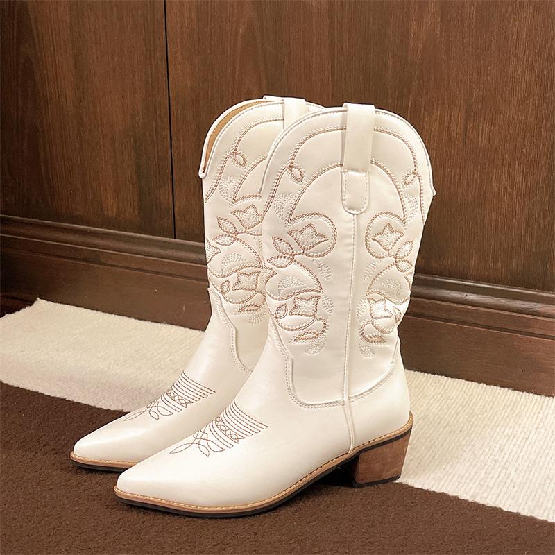 Western cowboy boots women's 2025 new autumn retro embroidery pointed thick heel but knee mid-tube knight boots