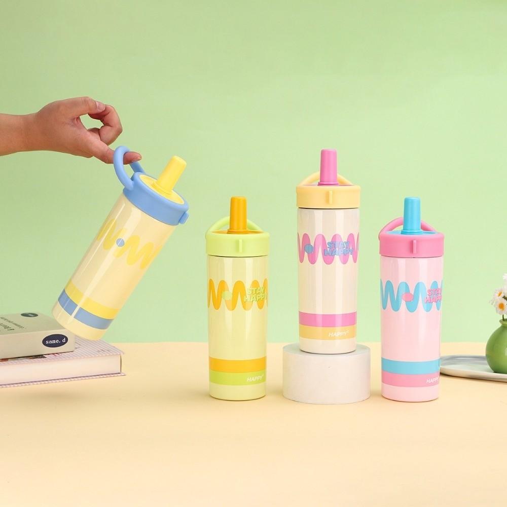 Durable 600ml Water Cup Stainless Steel Leak-proof Cartoon Insulated Cup Large Capacity Double Drinking Straw Cup