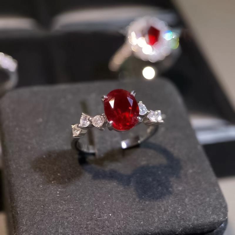 

Hui Zhi Yi S925 Silver Red Corundum 6x8mm Oval Simple Fashion Ring for Women Size 7