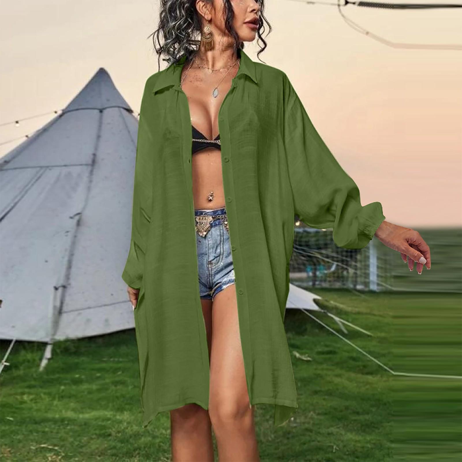 

Женская мода однотонный многоцветный пляжный чехол сексуальный кардиган рубашка солнцезащитный чехол для бикини One Size армия зеленый