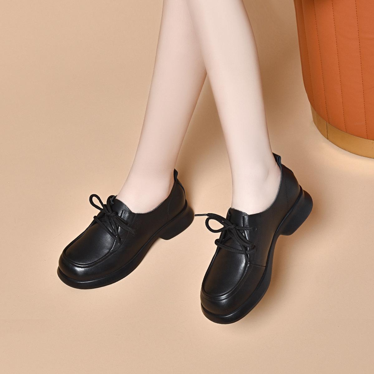 

Круглые кожаные туфли женские туфли весна 2024 года британские туфли на шнуровке первый слой коровьей кожи женские туфли на плоской подошве всесезонная обувь 35 чёрный