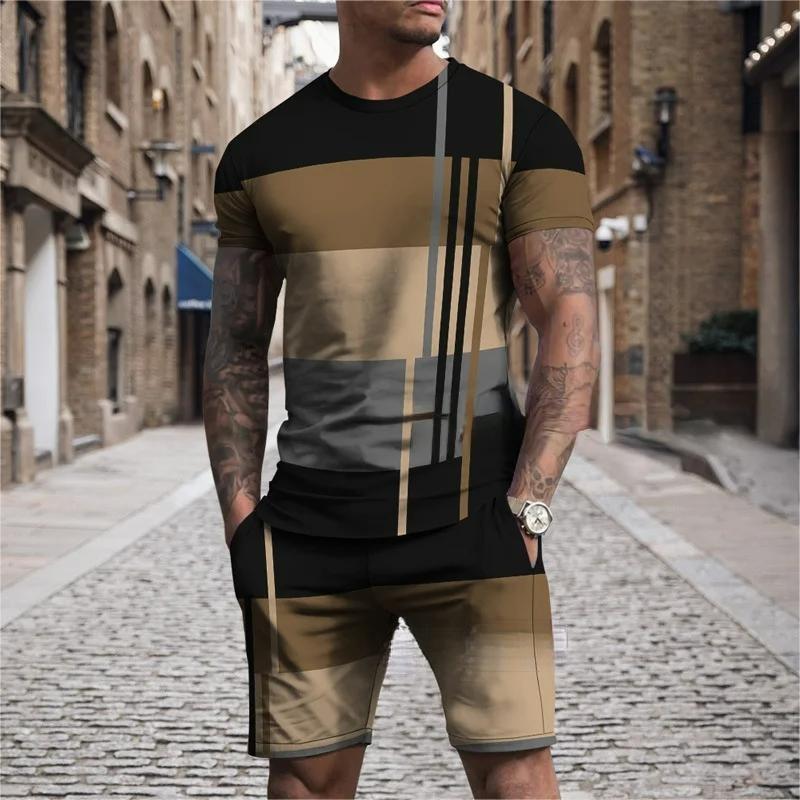 Men's Summer Casual T-Shirt Set Striped 3D Printed T-Shirt Short Sleeve Shorts 2 Piece Oversized Casual Beach Sports Suit