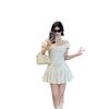 French One-word Shoulder Heavy Industry Composite Jacquard Short Dress Lace Fungus Edge Design Sense Spice Girl Retro Suspender Dress
