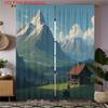 2D Flat   2pcs   2D Flat Printed Curtains with Mountain Scenery and Cabin Style   Green and Blue Colors   Rod Pocket Curtains