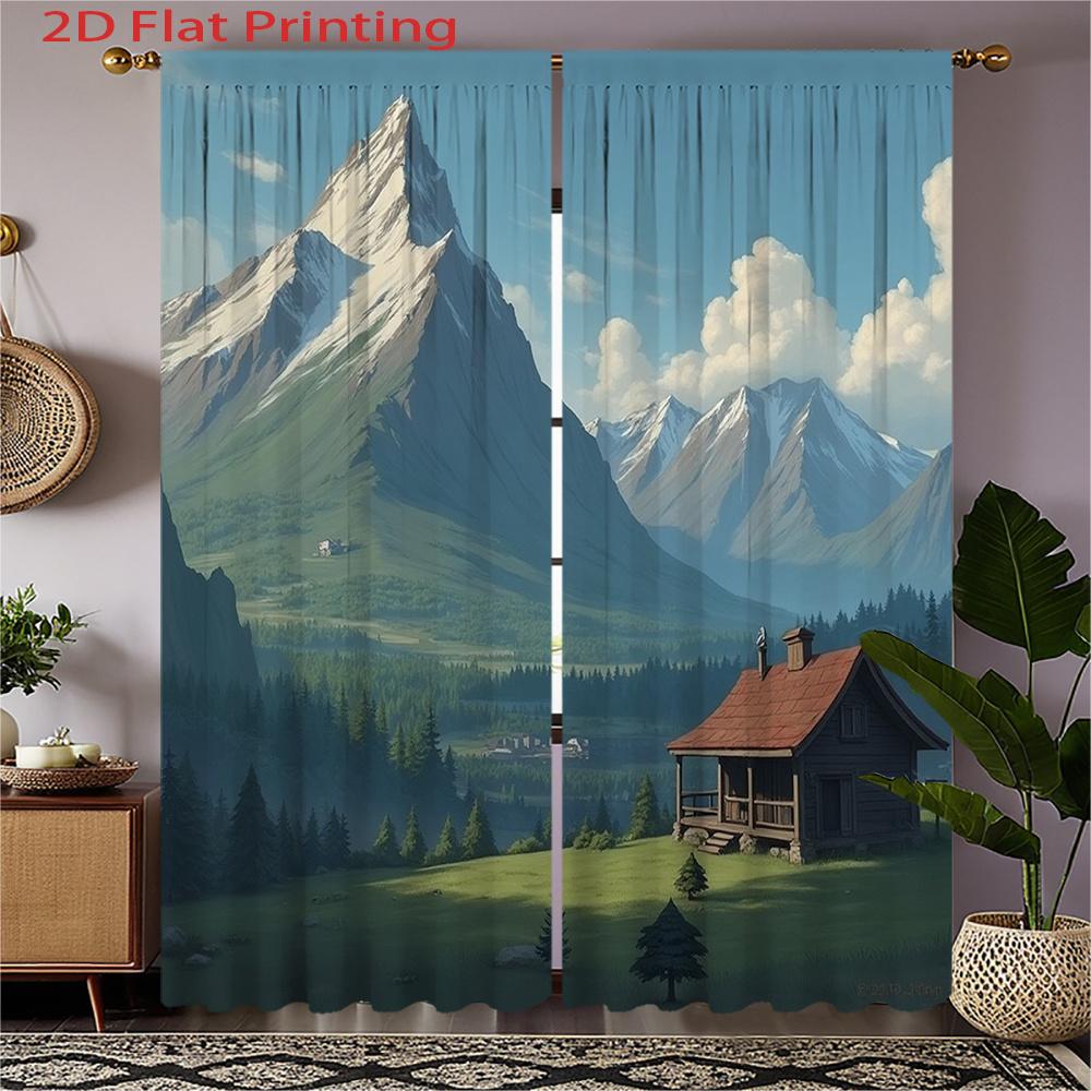 

Set Of 2 Flat Printed Curtains Mountain Scenery Cabin Style Green Blue Colors Curtain With Rod Pocket Polyester W100*H70(CM)-Hooks&2PCS