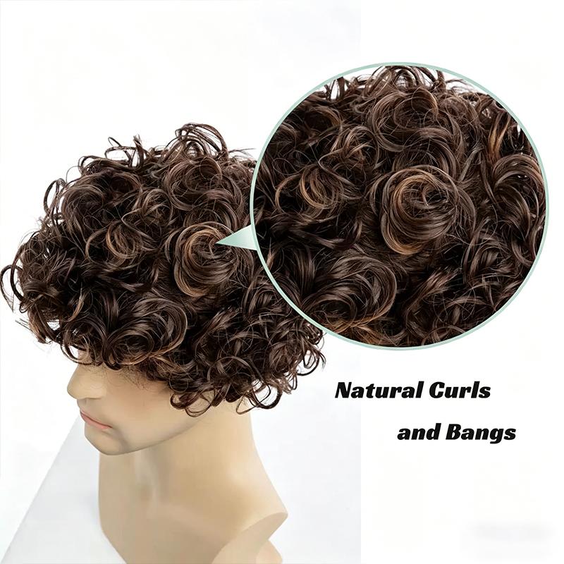 Men's Short Curly Wig, Brown Synthetic Hairpiece for Daily & Party