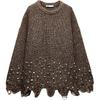 Sequin Knit Round Neck Long Sleeve Pullover Melange Sweater Women Sweater Brown 3920199-700