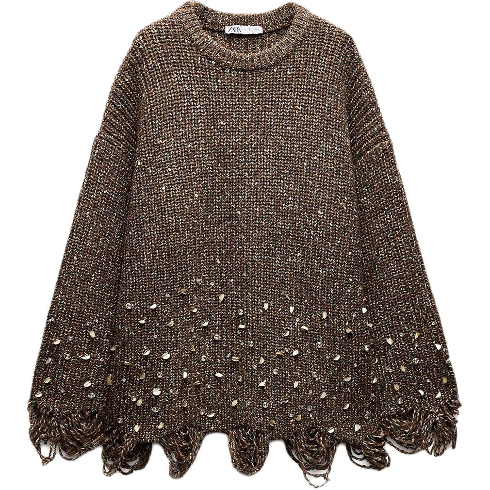 Zara Sequin Knit Round Neck Long Sleeve Pullover Melange Sweater Women sweater Brown 3920199-700 XS-S 6200₽