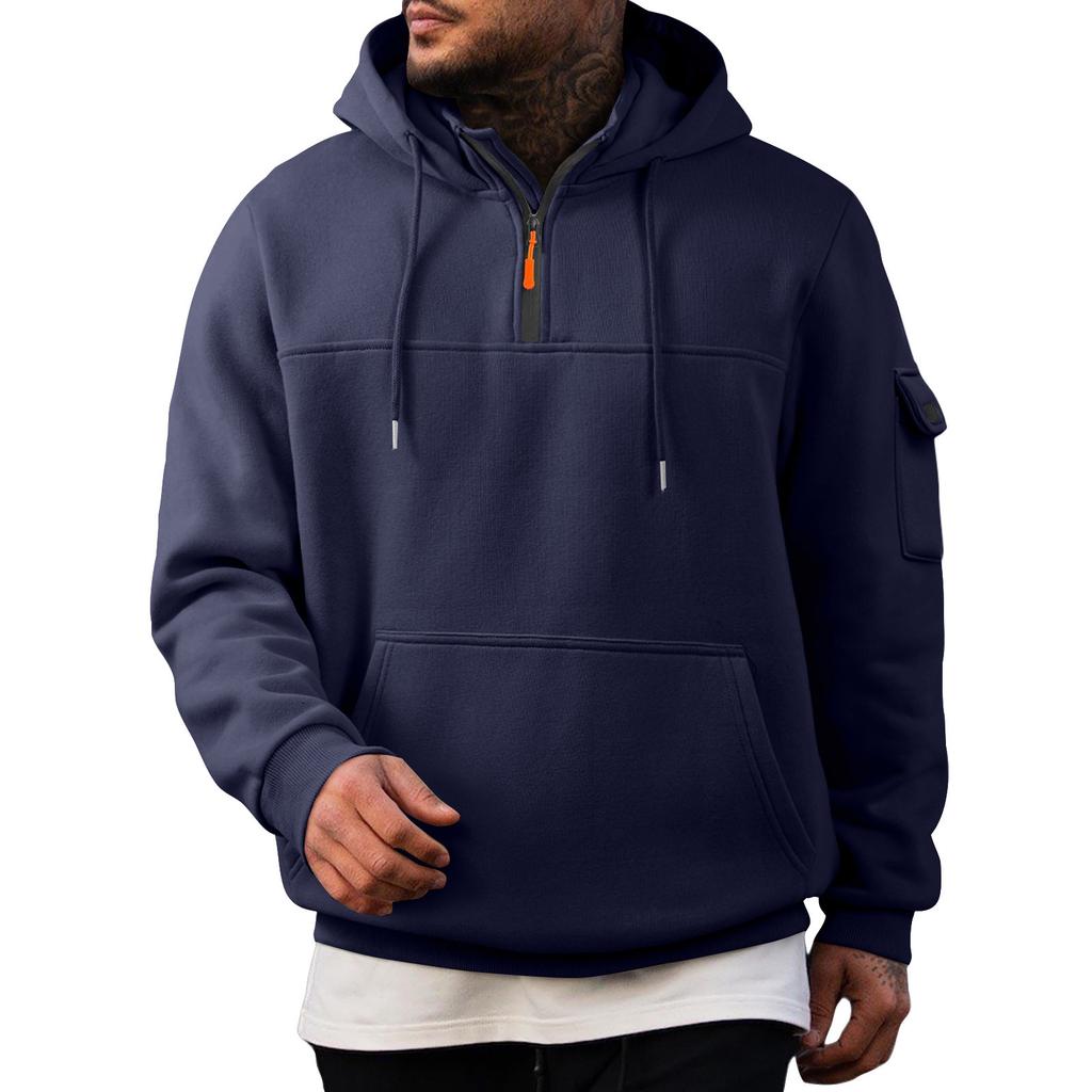Men's Sweatshirt Hoodie Half Zipper Arm Pocket Cardigan Men's Sports Large Size Casual Hoodie