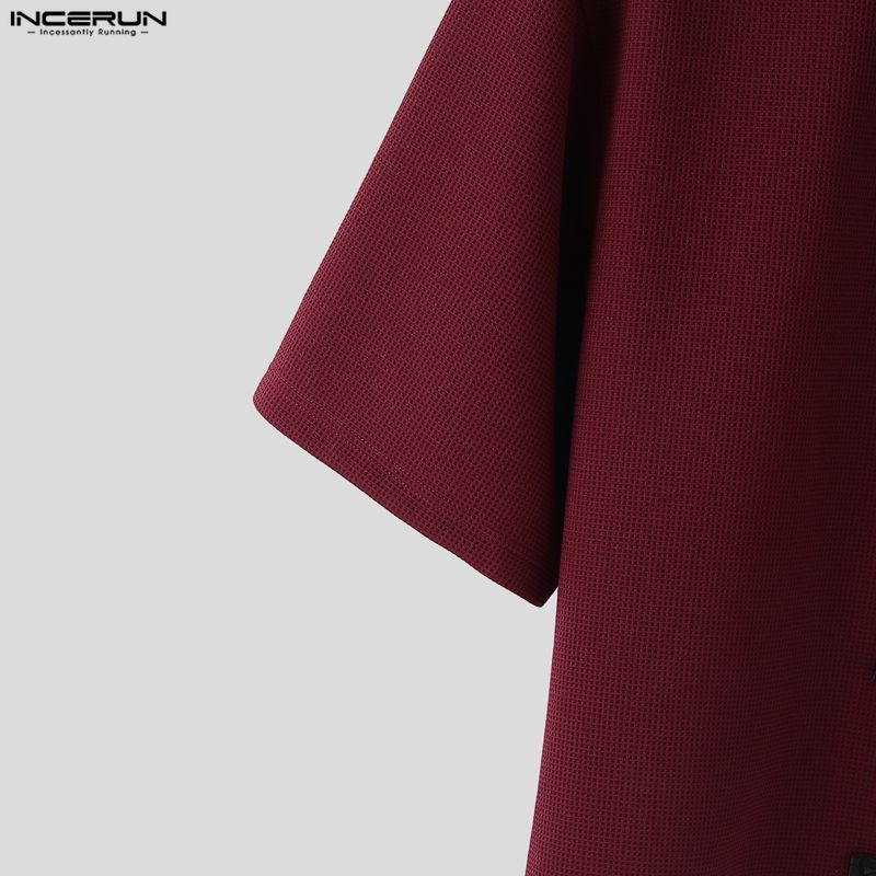 INCERUN Summer Men Lapel Neck Short Sleeve Vintage Knot Casual Shirts Tops