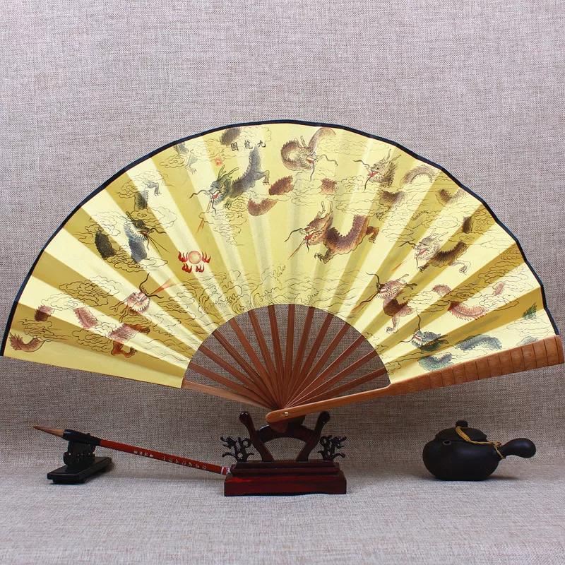 Chinese Style Fan Men Archaic Folding Fan 10-Inch Silk Large Silk Fan Classical Carving Folding Fan Cloth Retro Summer