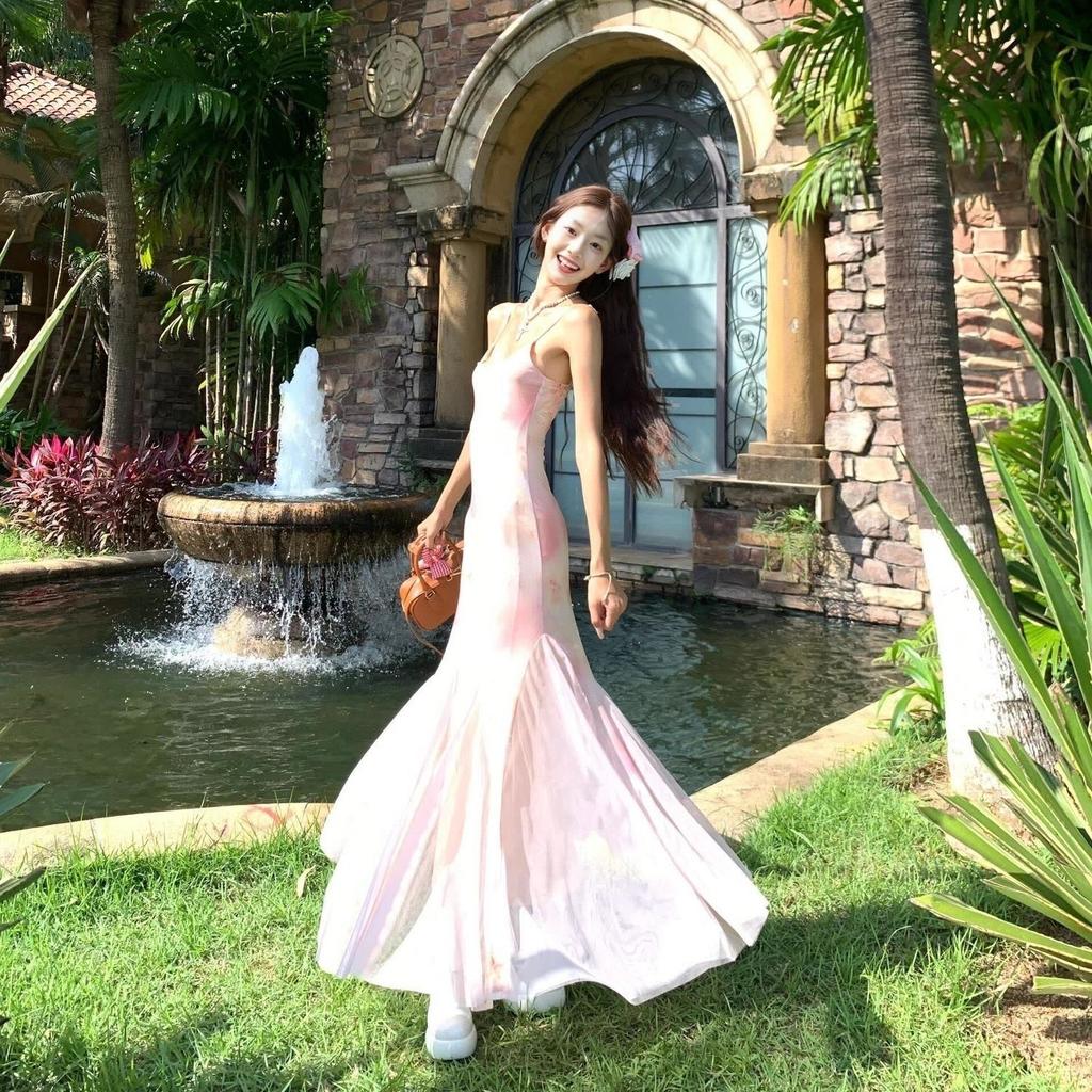 French temperament mesh suspender dress summer slim seaside vacation waist pink floral fishtail dress women