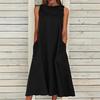 Robe d'été longue maxi en lin pour femme, col rond, sans manches, unie, ample, grande poche, décontractée