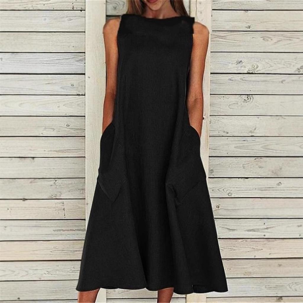 Robe d'été longue maxi en lin pour femme, col rond, sans manches, unie, ample, grande poche, décontractée