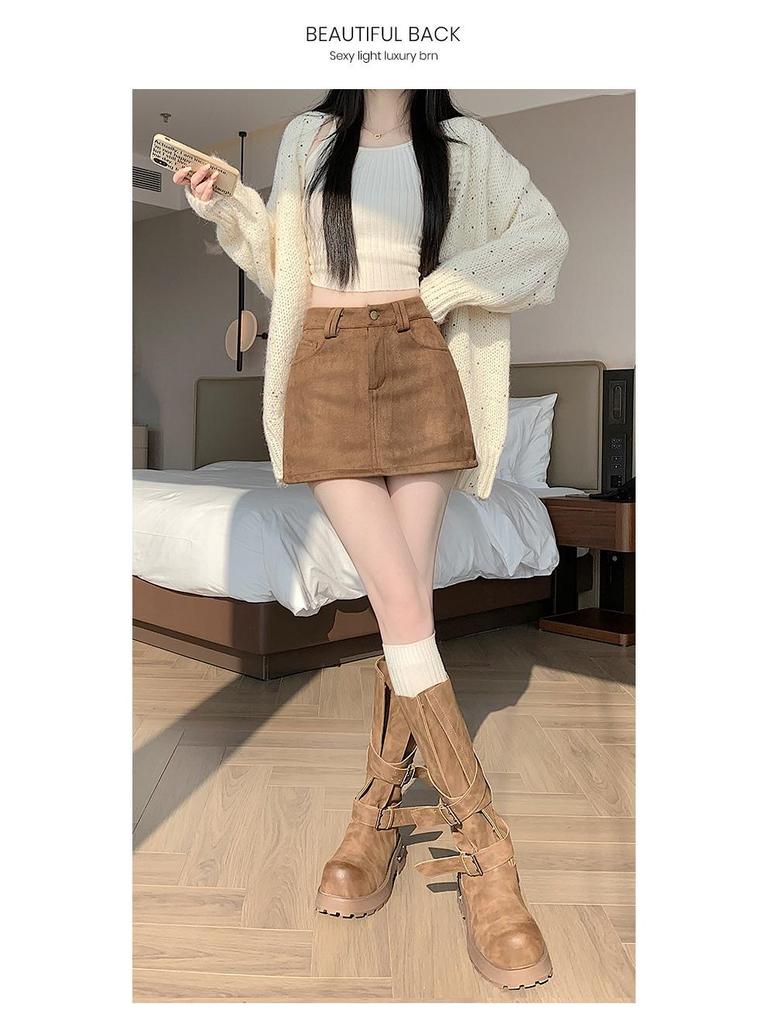 Retro Coffee Suede A-line Mini Skort for Women - Autumn/Winter High Waist Slimming Design