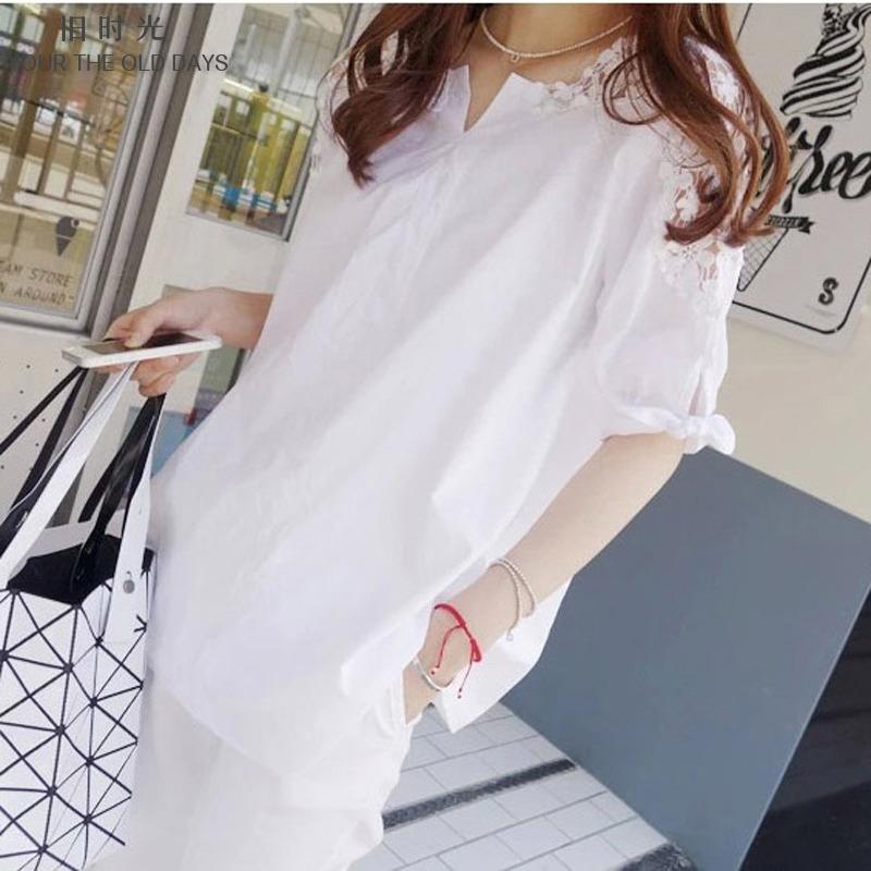 Women s Short Sleeved Shirt Plus Size Medium Long Loose and Slimming Half Sleeved Hollow Lace Shirt S белый