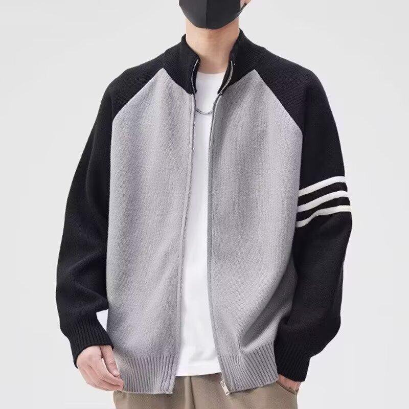 Unisex Lässiger Retro-Cardigan mit V-Ausschnitt, Doppelreißverschluss und drei Streifen
