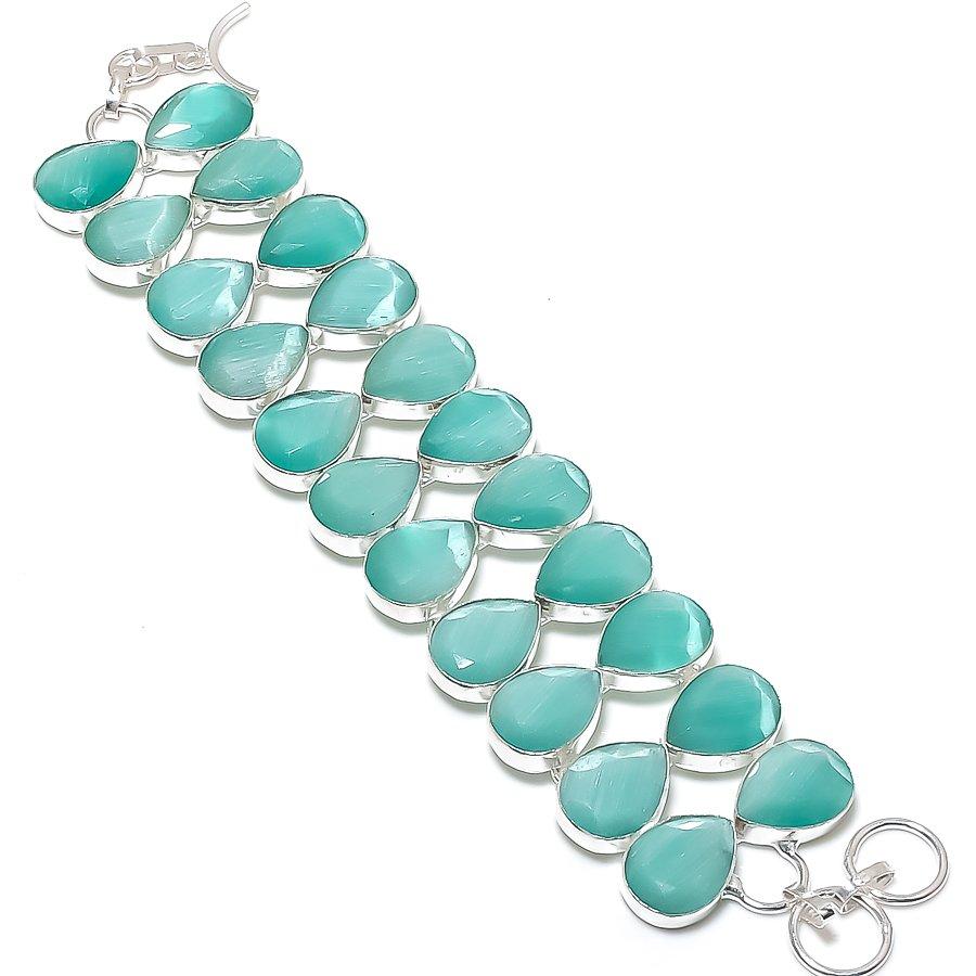 

Natural Blue Chalcedony Gemstone Handmade 925 Sterling Silver Bracelet 7-8 F9P51
