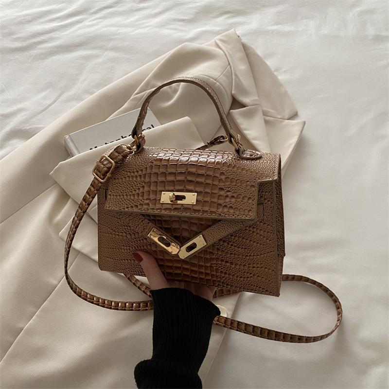New Fashion Crocodile Embossed Faux Leather Shoulder Bag for Women Vintage Lock Square Crossbody Purse